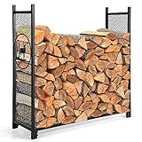 GYMAX Kaminholzregal aus Metall, Kaminholzhalter mit hoher Seitenwand aus Netz, Brennholzregal mit Elch- & Baummuster, Brennholzhalter für den innen & draußen, 121×38×117cm