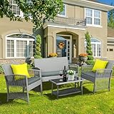 Rattan Gartenmöbel Set,4-Teilig,Platz für 4 Personen,1 x Doppelsofa+2 x Einzelsessel+1 x Couchtisch+3 x Sitzkissen, Balkonmöbel,Geeignet für Terrasse, Outdoor, Grau, Bequem, Atmungsaktiv und Langlebig