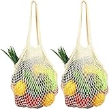 YceLon 2 Stück Netztasche Sandspielzeug, Einkaufstasche Netz Wiederverwendbar,Einkaufsnetzbeutel mit langem Griff für die Aufbewahrung von Obst und Gemüse Baumwolle Einkaufsnetz Bags
