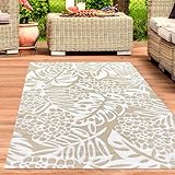 CARPETIA Outdoor-Teppich Wetterfest Kunststoff Wendeteppich Picknick Garten Terrasse Balkon pflegeleicht modern Blätter beige 150x220cm