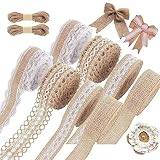 8 Rollen Juteband Vintage Spitzenband, Natürliche Jute Bänder und Spitze, Leinwand Band für DIY Handwerk Weihnachten Deko Hochzeit Party Basteln Geschenkband mit 20m Hanfseil, 1 Meter pro Rolle