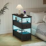 Nachttisch mit Ladestation(2 Steckdosen,2 USB), Beistelltisch Klein mit LED-Licht & 2 Stoffschublade, 4-stufiger Sofatisch mit offenem Regal, Nachtschrank aus Holz mit Metallrahmen,58x28x60,5cm