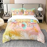 Hawaii Thema 100% Natürliche Baumwolle Bettbezug,Rosa Flamigo Bettwäsche Set für Kinder,Surfbrett Wellen Tröster Abdeckung 135x200,Sommer Strand Urlaub Bett Sets mit 1 Kissenbezug Schlafzimmer Dekor
