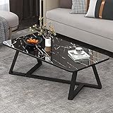 Couchtisch, rechteckig, hochwertiger Sofatisch, gehärtetes Glas, Marmor-Tischplatte, Textur, für Wohnzimmer, mit mattschwarzem Metallrahmen, moderne Mitteltische