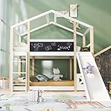 PLLBIKK Kinderbett 90×200, Baumhaus Hochbett mit Rutsche und Leiter, Etagenbett mit 2X Lattenrost, Spielbett aus Holz für Kinderzimmer, Ohne Matratze (Natur & Weiß, 90×200)