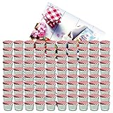 MamboCat 100er Set Sturzglas 230 ml Marmeladenglas Einmachglas Einweckglas To 82 rot karierter Deckel incl. Diamant-Zucker Gelierzauber Rezeptheft