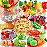 Shimirth 67 Stück Schneiden Spielen Lebensmittel Spielzeug Set - Obst, Gemüse und Pizza Rollenspiel Kinderküche Zubehör für realistische Kochen für Kinder ab 3 Jahren