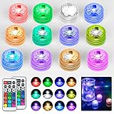 daphomeu Mini LED Lichter, RGB Lampe Wasserdicht 12pcs, Mehrfarbig Aquarium Licht, unterwasser led mit Fernbedienung für Aquarium, Pool, Garten, Hochzeitsfeier, Weihnachtsdekoration