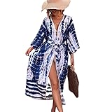 Kimino-Wickeltuch, Schlangenhaut, Sonnenfest, Strandmode, Cardigan-Kleid, Einheitsgröße, Blau und Weiß, Mehrfarbig/Meereswellen (Ocean Tides), Large