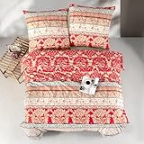 ZIRVEHOME Bettwäsche 200x220 Rot 3-teilig Baumwolle Kuschelig & Warm - Bettbezug im Orientalischen Stil Mit Blumen, Blatt Muster Barock - Set Beige, Schwarz, Creme & Gold, Miza