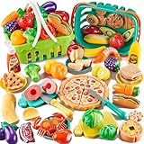 85-teiliges Spielzeug-Lebensmittelset, zum Schneiden von Spielzeug-Lebensmitteln mit 2 Körben, Spielküchen-Zubehör mit Pizza, Gemüse, Obst und Dessert, Geschenk für Jungen und Mädchen.