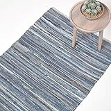 Homescapes Denim-Teppich 60x90 cm, blau gestreifter Flickenteppich handgewebt aus recyceltem Jeansstoff, Chindi-Stil, Flachgewebe, jedes Exemplar EIN Unikat
