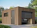 Silverstone-Garage aus Verbundholz - Verkleidung aus Teakholz/Teakfarben - Fläche: 20 m² - Motorisiertes Sektionaltor - 2 Fernbedienungen - Doppelverglasung