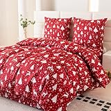 Cotton Market Bettwäsche Weihnachten Set 135 x 200 cm Wintermotiv Rentiere Tannenbäume Bettbezug mit 2 Kissenbezügen 70 x 80 cm Microfaser Weihnachtsrot Mit Reißverschluss Kuschelig Pflegeleicht