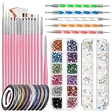 FANDAMEI Nail Art Pinsel Set, 15 Stücke Pinsel Für Gelnägel Nagel Pinsel, 5 Stücke Dotted Pen, 10 Rolle Streifenband Nägel, Strasssteine Nägel, Ultra Dünn Nagel Pailletten für Nagelkunst Maniküre Set