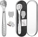 Hornhautentferner Fußschaber – Edelstahl Hornhauthobel Fußfeile Hornhautraspel Harte Haut Hornhaut Entferner Fußraspel Pediküre Fußpflege Werkzeug mit 10 Ersatzklingen für Nasse&Trockene Füße Silber