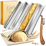 KRUSTENZAUBER Baguette Backform Antihaft inkl. Bäckerleinen u. Bäckermesser - 4er Baguette-Backblech - Ideal als Baguetteblech, Brotbackform, Baguetteform, Baguette Blech, Brot Backen Zubehör