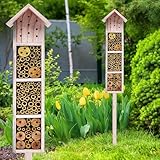 Holz Insektenhotel mit Erdspieß 78 cm - beige - Garten Deko Insektenhaus zum Aufstellen - Bienenhotel Hummelhaus Holzhaus Nisthilfe für Bienen Hummeln Florfliegen Schmetterling