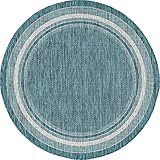 Rugs.com Outdoor Border Collection Teppich, rund, blaugrün, Flachgewebe, perfekt für Wohnzimmer, große Esszimmer, offene Grundrisse