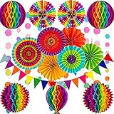 Mehrfarbige Partydekoration Set, Regenbogen Farbe Papier Fächer Wabenbälle papier Wimpel pompons Blumen Polka Dot String für Geburtstag, Hochzeit, Fiesta Partydekoration