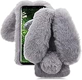 LCHDA Plüsch Hülle für Samsung Galaxy A16 5G Flauschige Hasen Fell Künstliche Kaninchen Pelz Niedlich Hasenohren Mädchen Süße Handytasche Stoßfest Schützend TPU Silikonhülle - Grau