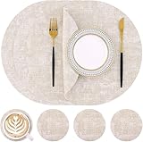 Homaxy Tischsets Abwaschbar, Rund Ø 33cm Doppelseitig Abwischbar Wasserdicht rutschfest Platzset, Kunstleder Hitzebeständige Platzdeckchen mit Untersetzer (4er Set, Beige)