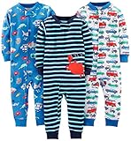 Simple Joys by Carter's Baby Mädchen 3-Pack Snug Fit Footless Cotton Pajamas Schlafstrampler, Blau Meereswelt/Marineblau Streifen/Weiß Autos, 18 Monate (3er Pack)