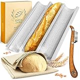 KRUSTENZAUBER Baguette Backform Antihaft inkl. Bäckerleinen u. Bäckermesser - 3er Baguette-Backblech - Ideal als Baguetteblech, Brotbackform, Baguetteform, Baguette Blech, Brot Backen Zubehör