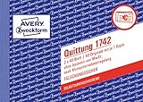 AVERY Zweckform 1742 Quittungsblock Kleinunternehmer (A6 quer, 2x40 Blatt, selbstdurchschreibend, fälschungssicherer Dokumentendruck, nach Kleinunternehmerregelung ohne MwSt., für DE/AT) weiß/gelb