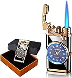 SGZIOO Feuerzeug mit Uhr, Sturmfeuerzeug Gas Nachfüllbar, Winddichtem Jet Feuerzeug, Sturmfeuerzeug Jetflamme, Pfeifenfeuerzeug, Zigarrenfeuerzeug Geschenke für Vater und Männer, ohne Gas