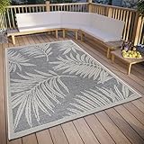 Hanse Home Paru Outdoor Teppich Wetterfest – Modernes Palmen Muster Florales Design, Wasserfest robuster Aussenteppich Flachgewebe für Garten, Balkon, Terrasse, Wohnzimmer – Grau Creme, 63x120cm
