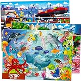 Bodenpuzzle ab 4 5 6-3 Set Puzzle 150 Teile Kinder von QUOKKA - Kinderspiele ab 4 5 Jahre Zum Lernen von Ozeanen, Tieren und Fahrzeugen - Spielzeug für Jungen und Mädchen 7 8