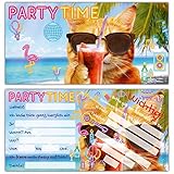 BREITENWERK 12er Set PARTY-KATZE Einladungskarten - lustige Premium Einladung zum Kinder-Geburtstag oder Party für Jungen Mädchen & Erwachsene