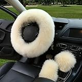 Lenkradbezug für Auto 3PC Pelz Auto Lenkrad Abdeckung Set Schaffell Plüsch Warm Flauschigen Fuzzy Zubehör Lenkrad Abdeckung(Beige)