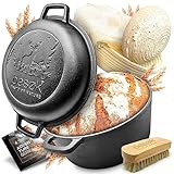 besøk Brottopf Set [inkl. Gärkorb + Bürste + Rezeptheft] Anti-Haft Patina Gusseisen Topf ⌀26 cm [5,5 Liter] zum Brot backen - Brotbackform induktionsgeeignet eingebrannt rund mit Deckel
