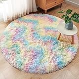 ROHATIM Schlafzimmer Plüsch Teppich Rund,Flauschiger Teppich für Wohnzimmer,modernes Wohnzimmer,Mädchen,weicher und Flauschiger Teppich für das Schlafzimmer Kindermatte(Regenbogen,Ø 100 cm Rund)