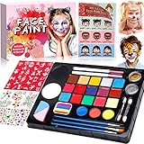 MULEVIP Kinderschminke Set,Kinderschminke Fasching,Kinderschminken Set,24 Farben Schminkfarben mit 30 Schablonen,250 Strasssteine,Berufs Pinsel,Kinderschminken für Fasching Halloween Karneval
