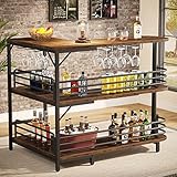 Tribesigns L-förmige Bartisch, 3 Tier Liquor Bistrotisch mit Regal Weinregal und Weingläser Halter, Industrielle Ecke Küchentisch, für Wohnzimmer, Küche, Industrie-Design, Rustikale braun