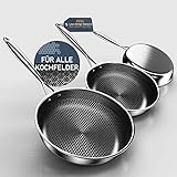 Kiseely Hybrid Bratpfanne Set 26cm+28cm+30cm, Pfannenset Skillet 3-teiliges Set, Beschichtete Pfanne Induktion für alle Kochplatten, mit kühlbleibendem Griff, spülmaschinen- und ofenfest (RT3)