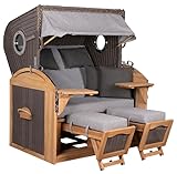 MR. DEKO Strandkorb Bullauge Schillig XL Teak-Holz | Volllieger 180° | 2.5-Sitzer Bullauge PE | Komplettset inkl. Lifter-System, Aero-Protect Schutzhülle, Rollen | 142x95x170 cm