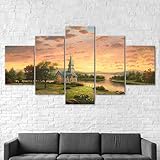 5 teiliges wandbild Kirche Sonnenuntergang Landschaft 5 stück leinwand wandkunst,5 teilig leinwand wanddeko wohnzimmer,leinwanddruck 5 teilig bilder wohnzimmer modern groß mit rahmen,xxl 100x55cm
