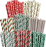 ALINK 100 Weihnachts Papierstrohhalme, 8 Stile gestreifte Weihnachtsbaum Schneeflocke Strohhalme für Weihnachten Party Dekorationen Zubehör