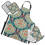 Kochschürze, nahtlos, orientalisch, Retro, Vintage, Blumenmuster, wärmeisoliert, Ofenhandschuhe mit Topflappen, Schutzmatte zum Grillen und Backen, 5-teiliges Set