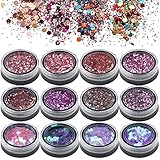 LABOTA Festival Glitzer Gesicht für Festliche Verkleidungen,12 Glitzer Set,Glitzer Sequin Chunky Glitter für Gesicht Nägel Augen Lippen Haare Körper, Make-Up Glitzer Paillette