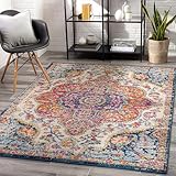 Surya Rabat Vintage Teppich groß - Teppich Wohnzimmer 160x230cm, Esszimmer, Schlafzimmer - Orientalischer Teppich Boho Style - Carpet Living Room, Bunter Muster, Fuchsie, Gebranntes Orange, Senfgelb