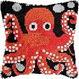 ANSIWEIGO DIY-Kissenhaken-Set,bedruckter Kissenbezug mit rotem Oktopus,Kreuzstich-Set,Garnstickerei für die Heimdekoration,43x43 cm