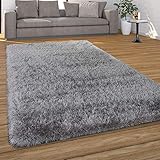 Paco Home Hochflor Teppich Wohnzimmer Schlafzimmer Shaggy Weich Modern Pastell Einfarbiges Design, Grösse:160x230 cm, Farbe:Grau