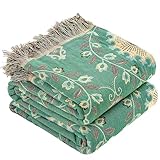HOORDRY 100% Baumwolle Boho Decke 150x200CM,Doppelseitig gewebte tagesdecke mit Fransen Couchdecke Sesseldecke Wohndecke Wendedecke Kuscheldecke Sofadecke mit Muster,Sonnenblumen,Grün/Beige
