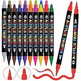 Tesquio Acrylstifte für Steine Wasserfest Dual Tip 18 Farben Stifte Steine Bemalen Wasserfest Multimarker Steine Zum Bemalen Acrylmarker für Holz, Leinwand, Glas, Papier, Keramik