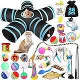 YUTUY Katzenspielzeug Set mit Katzentunnel,36 pcs Katzenspielzeug mit Katzentunnel,Katzenspielzeug mit katzentunnel,Katzen Spielzeug Set,Federspielzeug,Spielzeugmäuse Katzen,Fisch,5-Wege katzentunnel